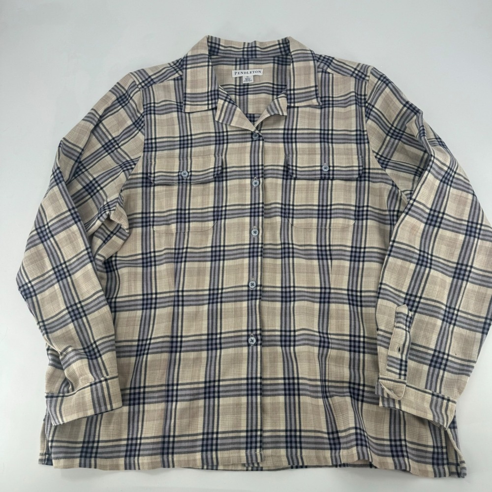 Pendleton Womens XL Plaid Button Down Shirt Tan Purple Long Sleeve Camp Collar
